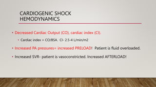 CARDIOGENIC SHOCK
HEMODYNAMICS
• Decreased Cardiac Output (CO), cardiac index (CI).
• Cardiac index = CO/BSA. CI- 2.5-4 L/min/m2
• Increased PA pressures= increased PRELOAD! Patient is fluid overloaded.
• Increased SVR- patient is vasoconstricted. Increased AFTERLOAD!
 
