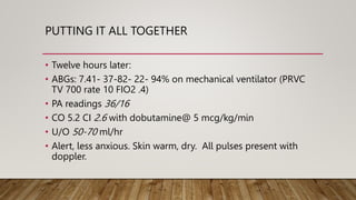 PUTTING IT ALL TOGETHER
• Twelve hours later:
• ABGs: 7.41- 37-82- 22- 94% on mechanical ventilator (PRVC
TV 700 rate 10 FIO2 .4)
• PA readings 36/16
• CO 5.2 CI 2.6 with dobutamine@ 5 mcg/kg/min
• U/O 50-70 ml/hr
• Alert, less anxious. Skin warm, dry. All pulses present with
doppler.
 