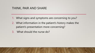 THINK, PAIR AND SHARE
1. What signs and symptoms are concerning to you?
2. What information in the patient’s history makes the
patient’s presentation more concerning?
3. What should the nurse do?
 
