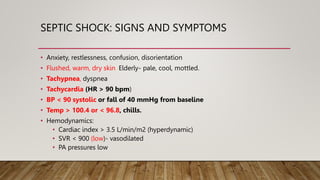 SEPTIC SHOCK: SIGNS AND SYMPTOMS
• Anxiety, restlessness, confusion, disorientation
• Flushed, warm, dry skin. Elderly- pale, cool, mottled.
• Tachypnea, dyspnea
• Tachycardia (HR > 90 bpm)
• BP < 90 systolic or fall of 40 mmHg from baseline
• Temp > 100.4 or < 96.8, chills.
• Hemodynamics:
• Cardiac index > 3.5 L/min/m2 (hyperdynamic)
• SVR < 900 (low)- vasodilated
• PA pressures low
 