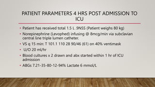 PATIENT PARAMETERS 4 HRS POST ADMISSION TO
ICU
• Patient has received total 1.5 L .9NSS (Patient weighs 80 kg)
• Norepinephrine (Levophed) infusing @ 8mcg/min via subclavian
central line triple lumen catheter.
• VS q 15 min: T 101.1 110 28 90/46 (61) on 40% ventimask
• U/O 20 ml/hr
• Blood cultures x 2 drawn and abx started within 1 hr of ICU
admission
• ABGs 7.21-35-80-12-94% Lactate 6 mmol/L
 