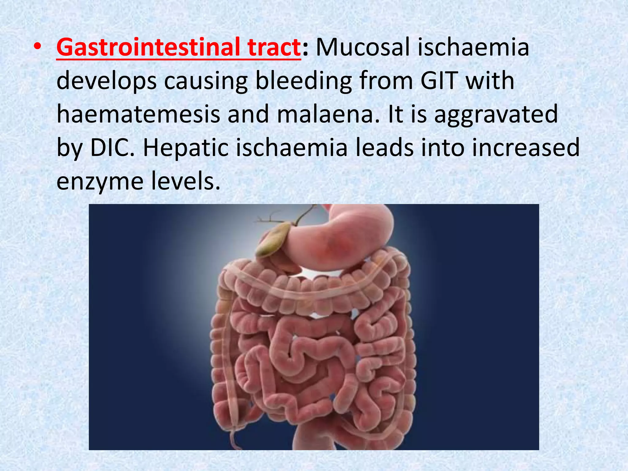 • Gastrointestinal tract: Mucosal ischaemia
develops causing bleeding from GIT with
haematemesis and malaena. It is aggravated
by DIC. Hepatic ischaemia leads into increased
enzyme levels.
 