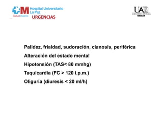 Palidez, frialdad, sudoración, cianosis, periférica
Alteración del estado mental
Hipotensión (TAS< 80 mmhg)
Taquicardia (FC > 120 l.p.m.)
Oliguria (diuresis < 20 ml/h)
 
