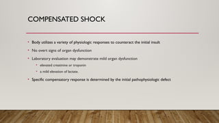 COMPENSATED SHOCK
• Body utilizes a variety of physiologic responses to counteract the initial insult
• No overt signs of organ dysfunction
• Laboratory evaluation may demonstrate mild organ dysfunction
• elevated creatinine or troponin
• a mild elevation of lactate.
• Specific compensatory response is determined by the initial pathophysiologic defect
 