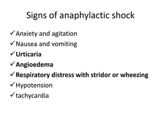 Signs of anaphylactic shock
Anxiety and agitation
Nausea and vomiting
Urticaria
Angioedema
Respiratory distress with stridor or wheezing
Hypotension
tachycardia
 