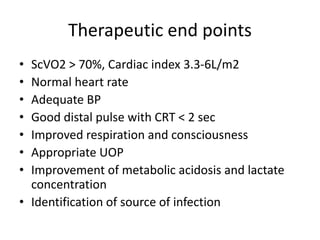 Therapeutic end points
• ScVO2 > 70%, Cardiac index 3.3-6L/m2
• Normal heart rate
• Adequate BP
• Good distal pulse with CRT < 2 sec
• Improved respiration and consciousness
• Appropriate UOP
• Improvement of metabolic acidosis and lactate
concentration
• Identification of source of infection
 