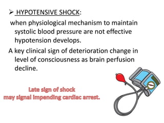  HYPOTENSIVE SHOCK:
when physiological mechanism to maintain
systolic blood pressure are not effective
hypotension develops.
A key clinical sign of deterioration change in
level of consciousness as brain perfusion
decline.
 