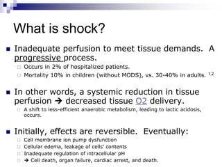 What is shock?
 Inadequate perfusion to meet tissue demands. A
progressive process.
 Occurs in 2% of hospitalized patients.
 Mortality 10% in children (without MODS), vs. 30-40% in adults. 1,2
 In other words, a systemic reduction in tissue
perfusion  decreased tissue O2 delivery.
 A shift to less-efficient anaerobic metabolism, leading to lactic acidosis,
occurs.
 Initially, effects are reversible. Eventually:
 Cell membrane ion pump dysfunction
 Cellular edema, leakage of cells’ contents
 Inadequate regulation of intracellular pH
  Cell death, organ failure, cardiac arrest, and death.
 