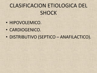 CLASIFICACION ETIOLOGICA DEL SHOCK HIPOVOLEMICO. CARDIOGENICO. DISTRIBUTIVO (SEPTICO – ANAFILACTICO). 