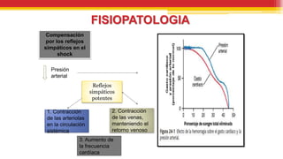 FISIOPATOLOGIA
Compensación
por los reflejos
simpáticos en el
shock
Presión
arterial
1. Contracción
de las arteriolas
en la circulación
sistémica
2. Contracción
de las venas,
manteniendo el
retorno venoso
3. Aumento de
la frecuencia
cardíaca
Reflejos
simpáticos
potentes
 