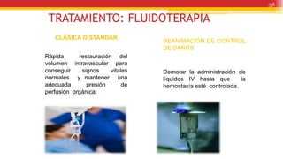 TRATAMIENTO: FLUIDOTERAPIA
CLÁSICA O STANDAR
Rápida restauración del
volumen intravascular para
conseguir signos vitales
normales y mantener una
adecuada presión de
perfusión orgánica.
38
REANIMACIÓN DE CONTROL
DE DAÑOS
Demorar la administración de
líquidos IV hasta que la
hemostasia esté controlada.
 