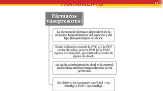 TRATAMIENTO
Fármacos
vasopresores:
La elección del fármaco dependerá de la
situación hemodinámica del paciente y del
tipo fisiopatológico de shock.
Están indicados cuando la PVC y/o la PCP
están elevadas, pero la PAM (o la PAS)
siguen disminuidas, persistiendo el resto de
signos de shock.
La vía de administración ideal es la central,
pudiéndose utilizar temporalmente la vía
periférica.
Su objetivo es conseguir una PAM > 65
mmHg (o PAS > 90 mmHg).
44
 