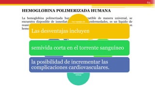 63
HEMOGLOBINA POLIMERIZADA HUMANA
La hemoglobina polimerizada humana es compatible de manera universal, se
encuentra disponible de inmediato, no transmite enfermedades, es un líquido de
reanimación que transporta oxígeno y que se ha utilizado con éxito en pacientes con
hemorragia masiva cuando no se transfunden eritrocitos.
Las ventajas de
los
transportadores
artificiales de
oxígeno incluyen
la ausencia de
antígenos
sanguíneos (no
son necesarias las
reacciones
cruzadas)
infecciones
víricas
tienen estabilidad
a largo plazo
Las desventajas incluyen
semivida corta en el torrente sanguíneo
la posibilidad de incrementar las
complicaciones cardiovasculares.
 
