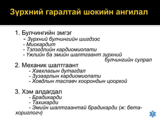 1. Булчингийн эмгэг
- Зүрхний булчингийн шигдээс

- Миокардит
- Тэлэгдлийн кардиомиопати
- Үжлийн ба эмийн шалтгаант зүрхний
булчингийн сулрал

2. Механик шалтгаант

- Хавхлагын дутагдал
- Зузаарлын кардиомиопати
- Ховдлын таславч хоорондын цоорхой

3. Хэм алдагдал

- Брадикарди
- Тахикарди
- Эмийн шалтгаантай брадикарди (ж: бетахориглогч)

 