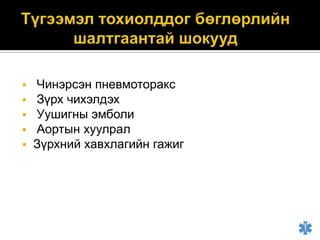 





Чинэрсэн пневмоторакс
Зүрх чихэлдэх
Уушигны эмболи
Аортын хуулрал
Зүрхний хавхлагийн гажиг

 