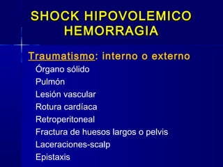 SHOCK HIPOVOLEMICOSHOCK HIPOVOLEMICO
HEMORRAGIAHEMORRAGIA
Traumatismo: interno o externo
Órgano sólido
Pulmón
Lesión vascular
Rotura cardíaca
Retroperitoneal
Fractura de huesos largos o pelvis
Laceraciones-scalp
Epistaxis
 