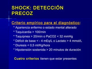 SHOCK: DETECCIÓNSHOCK: DETECCIÓN
PRECOZPRECOZ
Criterio empírico para el diagnóstico:
* Apariencia enfermo o estado mental alterado
* Taquicardia > 100/min
* Taquipnea > 20/min o PaCO2 < 32 mmHg
* Déficit de base < - 4 mEq/L o Lactato > 4 mmol/L
* Diuresis < 0,5 ml/Kg/hora
* Hipotensión sostenida > 20 minutos de duración
Cuatro criterios tienen que estar presentes
 