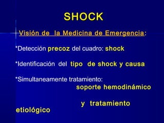 SHOCKSHOCK
Visión de la Medicina de Emergencia:
*Detección precoz del cuadro: shock
*Identificación del tipo de shock y causa
*Simultaneamente tratamiento:
soporte hemodinámico
y tratamiento
etiológico
 