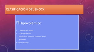 CLASIFICACIÓN DEL SHOCK
Hipovolémico:
1. Hemorragia aguda
2. Deshidratación:
Pérdidas GI, urinarias, cutáneas en el
quemado
3.- Tercer espacio
 