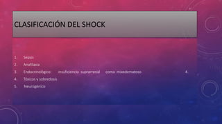 CLASIFICACIÓN DEL SHOCK
1. Sepsis
2. Anafilaxia
3. Endocrinológico: insuficiencia suprarrenal coma mixedematoso 4.
4. Tóxicos y sobredosis
5. Neurogénico
 