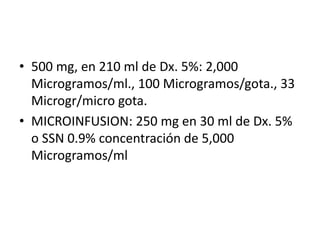 • 500 mg, en 210 ml de Dx. 5%: 2,000
Microgramos/ml., 100 Microgramos/gota., 33
Microgr/micro gota.
• MICROINFUSION: 250 mg en 30 ml de Dx. 5%
o SSN 0.9% concentración de 5,000
Microgramos/ml
 