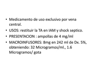 • Medicamento de uso exclusivo por vena
central.
• USOS: restituir la TA en IAM y shock septico.
• PRESENTACION : ampollas de 4 mg/ml
• MACROINFUSORES: 8mg en 242 ml de Dx. 5%,
obteniendo: 32 Microgramos/ml., 1.6
Microgramos/ gota
 