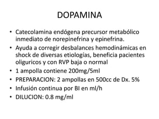 DOPAMINA
• Catecolamina endógena precursor metabólico
inmediato de norepinefrina y epinefrina.
• Ayuda a corregir desbalances hemodinámicas en
shock de diversas etiologías, beneficia pacientes
oliguricos y con RVP baja o normal
• 1 ampolla contiene 200mg/5ml
• PREPARACION: 2 ampollas en 500cc de Dx. 5%
• Infusión continua por BI en ml/h
• DILUCION: 0.8 mg/ml
 
