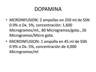 DOPAMINA
• MCROINFUSION: 2 ampollas en 250 ml de SSN
0.9% o Dx. 5%, concentración: 1,600
Microgramos/ml., 80 Microgramos/gota., 26
Microgramos/Micro gota.
• MICROINFUSION: 1 ampolla en 45 ml de SSN
0.9% o Dx. 5%, concentración de 4,000
Microgramos/ml
 