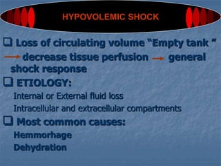 Stages of Shock❇Initial stage - tissues are under perfused, decreased CO, increased anaerobic metabolism, lactic acid is building❇Compensatory stage - Reversible. SNS activated by low CO, attempting to compensate for the decrease tissue perfusion. ❇Progressive stage - Failingcompensatory mechanisms:           profound vasoconstriction from the SNS ISCHEMIA        Lactic acid production is high 	    metabolic acidosis❇Irreversible or refractory stage - Cellular necrosis and Multiple Organ Dysfunction Syndromemay occur  DEATH IS IMMINENT!!!!