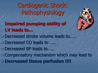 Shock Syndromes Hypovolemic Shockblood VOLUMEproblem Cardiogenic Shockblood PUMP problem Distributive Shock  [septic;anaphylactic;neurogenic]blood VESSEL problem