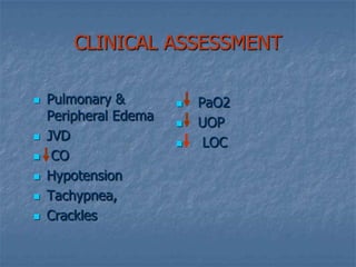 Pathophysiology of Hypovolemic ShockDecreased intravascular volume leads to…. Decreased venous return (Preload, RAP) leads to... Decreased ventricular filling (Preload, PAWP) leads to….  Decreased stroke volume (HR, Preload, & Afterload) leads to ….. Decreased CO leads to...(Compensatory mechanisms)Inadequate tissue perfusion!!!!Assessment & ManagementS/S vary depending on severity of fluid loss:15%[750ml]- compensatory mechanism maintains CO15-30% [750-1500ml- Hypoxemia,  decreased BP & UOP30-40% [1500-2000ml] -Impaired compensation & profound shock along with severe acidosis40-50% - refactory stage: loss of volume= death
