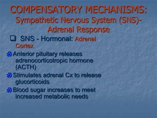 COMPENSATORY MECHANISMS: Sympathetic Nervous System (SNS)-Adrenal Response  SNS - Hormonal: Renin-angiotension systemDecrease renal perfusion     Releases renin 	  angiotension I      angiotension II       potent  vasoconstriction &     releases aldosterone adrenal cortex     sodium & water retention (   intravascular volume )