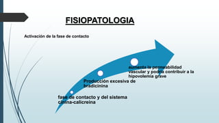 fase de contacto y del sistema
cinina-calicreína
Producción excesiva de
bradicinina
aumenta la permeabilidad
vascular y podría contribuir a la
hipovolemia grave
FISIOPATOLOGIA
Activación de la fase de contacto
 