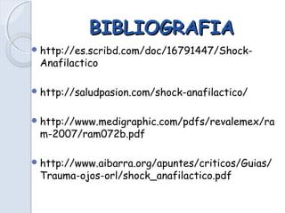 BIBLIOGRAFIABIBLIOGRAFIA
http://es.scribd.com/doc/16791447/Shock-
Anafilactico
http://saludpasion.com/shock-anafilactico/
http://www.medigraphic.com/pdfs/revalemex/ra
m-2007/ram072b.pdf
http://www.aibarra.org/apuntes/criticos/Guias/
Trauma-ojos-orl/shock_anafilactico.pdf
 