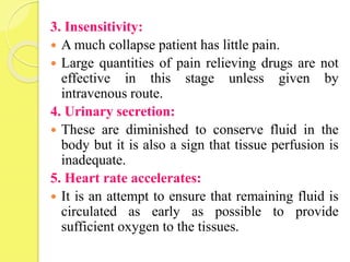 3. Insensitivity:
 A much collapse patient has little pain.
 Large quantities of pain relieving drugs are not
effective in this stage unless given by
intravenous route.
4. Urinary secretion:
 These are diminished to conserve fluid in the
body but it is also a sign that tissue perfusion is
inadequate.
5. Heart rate accelerates:
 It is an attempt to ensure that remaining fluid is
circulated as early as possible to provide
sufficient oxygen to the tissues.
 