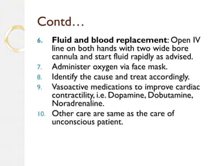 Contd…
6. Fluid and blood replacement: Open IV
line on both hands with two wide bore
cannula and start fluid rapidly as advised.
7. Administer oxygen via face mask.
8. Identify the cause and treat accordingly.
9. Vasoactive medications to improve cardiac
contractility, i.e. Dopamine, Dobutamine,
Noradrenaline.
10. Other care are same as the care of
unconscious patient.
 