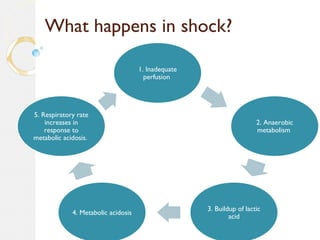What happens in shock?
1. Inadequate
perfusion
2. Anaerobic
metabolism
3. Buildup of lactic
acid
4. Metabolic acidosis
5. Respiratory rate
increases in
response to
metabolic acidosis.
 