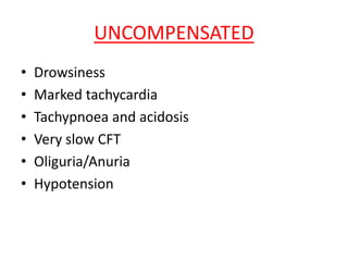 UNCOMPENSATED
• Drowsiness
• Marked tachycardia
• Tachypnoea and acidosis
• Very slow CFT
• Oliguria/Anuria
• Hypotension
 