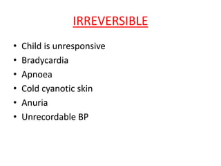 IRREVERSIBLE
• Child is unresponsive
• Bradycardia
• Apnoea
• Cold cyanotic skin
• Anuria
• Unrecordable BP
 