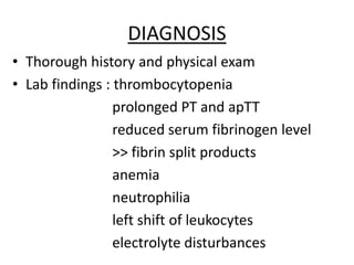 DIAGNOSIS
• Thorough history and physical exam
• Lab findings : thrombocytopenia
prolonged PT and apTT
reduced serum fibrinogen level
>> fibrin split products
anemia
neutrophilia
left shift of leukocytes
electrolyte disturbances
 