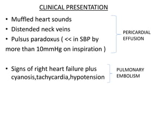 CLINICAL PRESENTATION
• Muffled heart sounds
• Distended neck veins
• Pulsus paradoxus ( << in SBP by
more than 10mmHg on inspiration )
• Signs of right heart failure plus
cyanosis,tachycardia,hypotension
PERICARDIAL
EFFUSION
PULMONARY
EMBOLISM
 