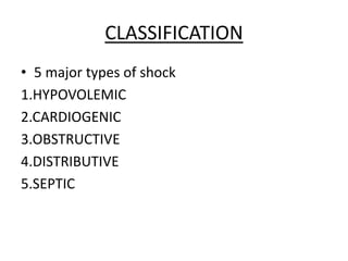 CLASSIFICATION
• 5 major types of shock
1.HYPOVOLEMIC
2.CARDIOGENIC
3.OBSTRUCTIVE
4.DISTRIBUTIVE
5.SEPTIC
 