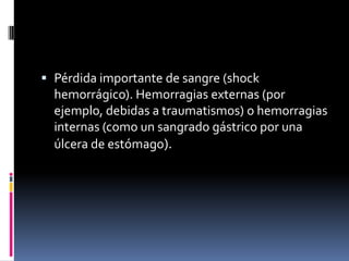  Pérdida importante de sangre (shock
  hemorrágico). Hemorragias externas (por
  ejemplo, debidas a traumatismos) o hemorragias
  internas (como un sangrado gástrico por una
  úlcera de estómago).
 
