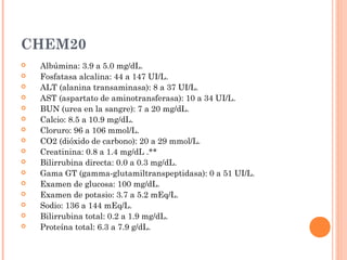 CHEM20
 Albúmina: 3.9 a 5.0 mg/dL.
 Fosfatasa alcalina: 44 a 147 UI/L.
 ALT (alanina transaminasa): 8 a 37 UI/L.
 AST (aspartato de aminotransferasa): 10 a 34 UI/L.
 BUN (urea en la sangre): 7 a 20 mg/dL.
 Calcio: 8.5 a 10.9 mg/dL.
 Cloruro: 96 a 106 mmol/L.
 CO2 (dióxido de carbono): 20 a 29 mmol/L.
 Creatinina: 0.8 a 1.4 mg/dL .**
 Bilirrubina directa: 0.0 a 0.3 mg/dL.
 Gama GT (gamma-glutamiltranspeptidasa): 0 a 51 UI/L.
 Examen de glucosa: 100 mg/dL.
 Examen de potasio: 3.7 a 5.2 mEq/L.
 Sodio: 136 a 144 mEq/L.
 Bilirrubina total: 0.2 a 1.9 mg/dL.
 Proteína total: 6.3 a 7.9 g/dL.
 