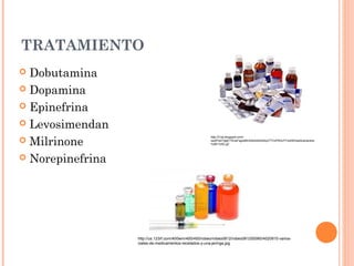TRATAMIENTO
 Dobutamina
 Dopamina
 Epinefrina
 Levosimendan  
 Milrinone
 Norepinefrina
http://3.bp.blogspot.com/-
xsz8Ye019gE/T5vwFsgo4BI/AAAAAAAAAyI/TYrxPl5XzYY/s400/medicamentos
%5B1%5D.gif
http://us.123rf.com/400wm/400/400/robeo/robeo0812/robeo081200060/4020910-varios-
viales-de-medicamentos-recetados-y-una-jeringa.jpg
 