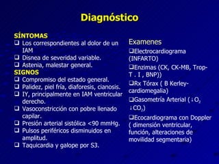Diagnóstico SÍNTOMAS Los correspondientes al dolor de un IAM Disnea de severidad variable. Astenia, malestar general. SIGNOS Compromiso del estado general. Palidez, piel fría, diaforesis, cianosis. IY, principalmente en IAM ventricular derecho. Vasoconstricción con pobre llenado capilar. Presión arterial sistólica <90 mmHg. Pulsos periféricos disminuidos en amplitud. Taquicardia y galope por S3. Examenes Electrocardiograma (INFARTO) Enzimas (CK, CK-MB, Trop-T . I , BNP)) Rx Tórax ( B Kerley-cardiomegalia) Gasometría Arterial (↓O 2  ↓CO 2 ) Ecocardiograma con Doppler ( dimensión ventricular, función, alteraciones de movilidad segmentaria) 
