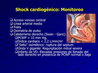 Shock cardiogénico: Monitoreo Acceso venoso central Línea arterial media Foley Oximetría de pulso Cateterismo derecho (Swan - Ganz): PCWP > 15 mm Hg, Índice cardiaco < 2,2 L/min/m 2 “ Salto” oximétrico: ruptura del septum Onda V gigante: Regurgitación mitral severa Infarto de VD: Elevadas presiones de llenado del lado derecho en presencia de PCWP normal o baja 