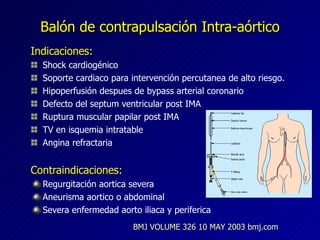 Balón de contrapulsación Intra-aórtico Indicaciones: Shock cardiogénico Soporte cardiaco para intervención percutanea de alto riesgo. Hipoperfusión despues de bypass arterial coronario Defecto del septum ventricular post IMA Ruptura muscular papilar post IMA TV en isquemia intratable Angina refractaria Contraindicaciones: Regurgitación aortica severa Aneurisma aortico o abdominal Severa enfermedad aorto iliaca y periferica BMJ VOLUME 326 10 MAY 2003 bmj.com 