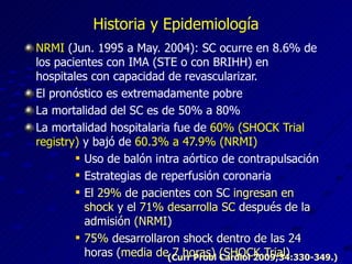 Historia y Epidemiología NRMI  (Jun. 1995 a May. 2004): SC ocurre en 8.6% de los pacientes con IMA (STE o con BRIHH) en hospitales con capacidad de revascularizar. El pronóstico es extremadamente pobre La mortalidad del SC es de 50% a 80% La mortalidad hospitalaria fue de  60% (SHOCK Trial registry)  y bajó de  60.3% a 47.9% (NRMI) Uso de balón intra aórtico de contrapulsación  Estrategias de reperfusión coronaria El  29%  de pacientes con SC  ingresan en shock  y el  71% desarrolla SC  después de la admisión  (NRMI ) 75%  desarrollaron shock dentro de las 24 horas ( media de 7 horas) (SHOCK Trial ) (Curr Probl Cardiol 2009;34:330-349.) 