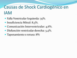 Causas de Shock Cardiogénico en
IAM
 Falla Ventricular Izquierda: 74%.
 Insuficiencia Mitral: 8,3%.
 Comunicación Interventricular: 4,6%.
 Disfunción ventricular derecha: 3,4%.
 Taponamiento o rotura: 8%
 